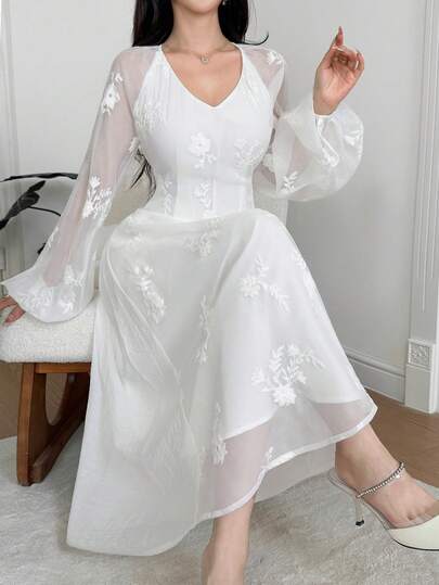 Feyla Women's French Style Gentle Floral Embroidered Elegant Dress