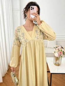 Yasmyna 女款花卉刺繡燈籠袖優雅阿拉伯風洋裝 - 黃色 - 查看 1