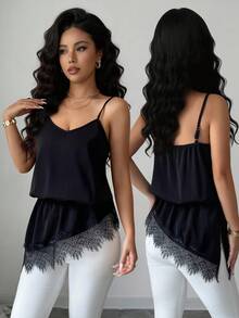 SHEIN Damen-Camisole Einfarbig mit kontrastierender Spitze und asymmetrischem Saum - Schwarz - Übersicht 5