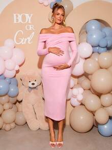 Loomaby Maternity Solid Color One-Shoulder Ruched Casual Party & Travel Dress,Gender Reveal Dress,Maternity Dress,Baby Shower Dress,Party,Wedding,Birthday - Pink - View 12