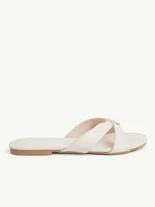 CUCCOO CHICEST 黑色交叉綁帶女款簡約韓版平底拖鞋 夏季穿著 防滑軟底涼鞋 - 米白色 - 查看 3