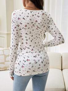SHEIN Top d'allaitement de maternité à col en V profond avec imprimé floral, décontracté et polyvalent pour le port quotidien en automne - Blanc - Voir 5