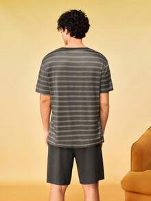 SHEIN Men's Summer Short Sleeve Casual Daily Wear Striped Loungewear Set - Dark Green - View 2