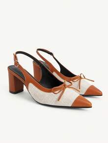 CUCCOO CHICEST Spring And Summer New Linen Leather Pointed Back Strap Sandals, Bow Beige Thick Heel Commuter Women's High Heels Fashion Dating Commuter Party - Beige - View 4