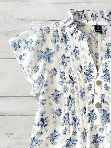 Franclia Plus Size Women Casual Safari Boho V-Neck Cap Sleeve Shirt With Ruffle Collar, Button Closure, Chest Stripe Design, White Summer Office Vacation - Blue and White - View 4