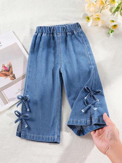 SHEIN Baby Girl Denim Wide Leg Pants Summer Sweet Cute Casual Kawaii Babygirl Style Light Blue Bow Tie Elastic Waistband Loose Fit Cotton Fabric Graduation