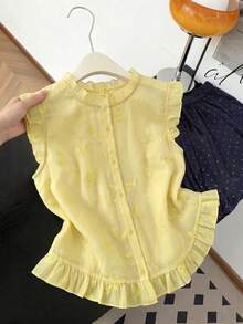 GlowEve CURVE Plus Size Mesh Embroidery Flutter Sleeve Blouse, Ruffle Hem Youthful Top - Yellow - View 2