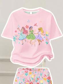 Pale Pink, Twirl Into Spring & Summer, Sweet Cute Princess, Bohemian Floral, Little Deer Pattern Print, Floral, Tween Girl Casual Comfortable Loose Crew Neck Short Sleeve T-Shirt & Slim Casual Flare Pants, Suitable For Spring & Summer Daily Wear - White - View 3