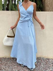 DAZY Women's Vacation Asymmetrical Neckline Sleeveless Dress With Drawstring Waist Summer - Blue - View 3