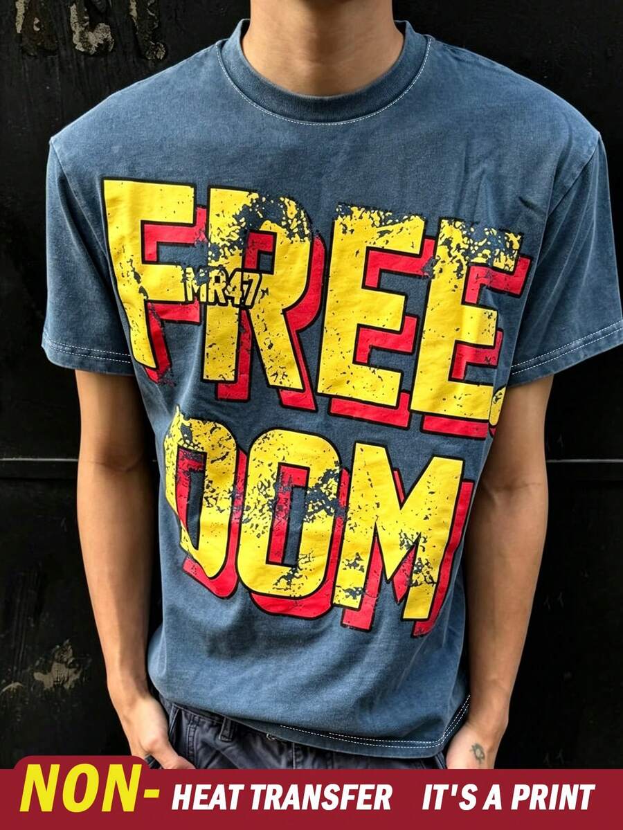 SHEIN Men's Letter Print Crew Neck Short Sleeve T-Shirt Street Fashion - Multicolor - View 1