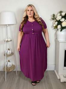 Hourglow Plus Size Basic Front Button Decor Round Neck Short Sleeve Comfy Dress, For Hourglass Body Shape Elegant - Red Violet - View 4