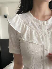 DAZY 女款夏季休閒純色荷葉邊前開扣T恤 - 白色 - 查看 5