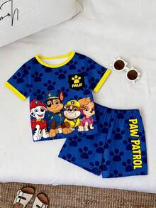 SHEIN | PAW Patrol 男嬰圓領卡通印花短袖上衣與短褲休閒日常居家睡衣套裝 - 彩色 - 查看 1