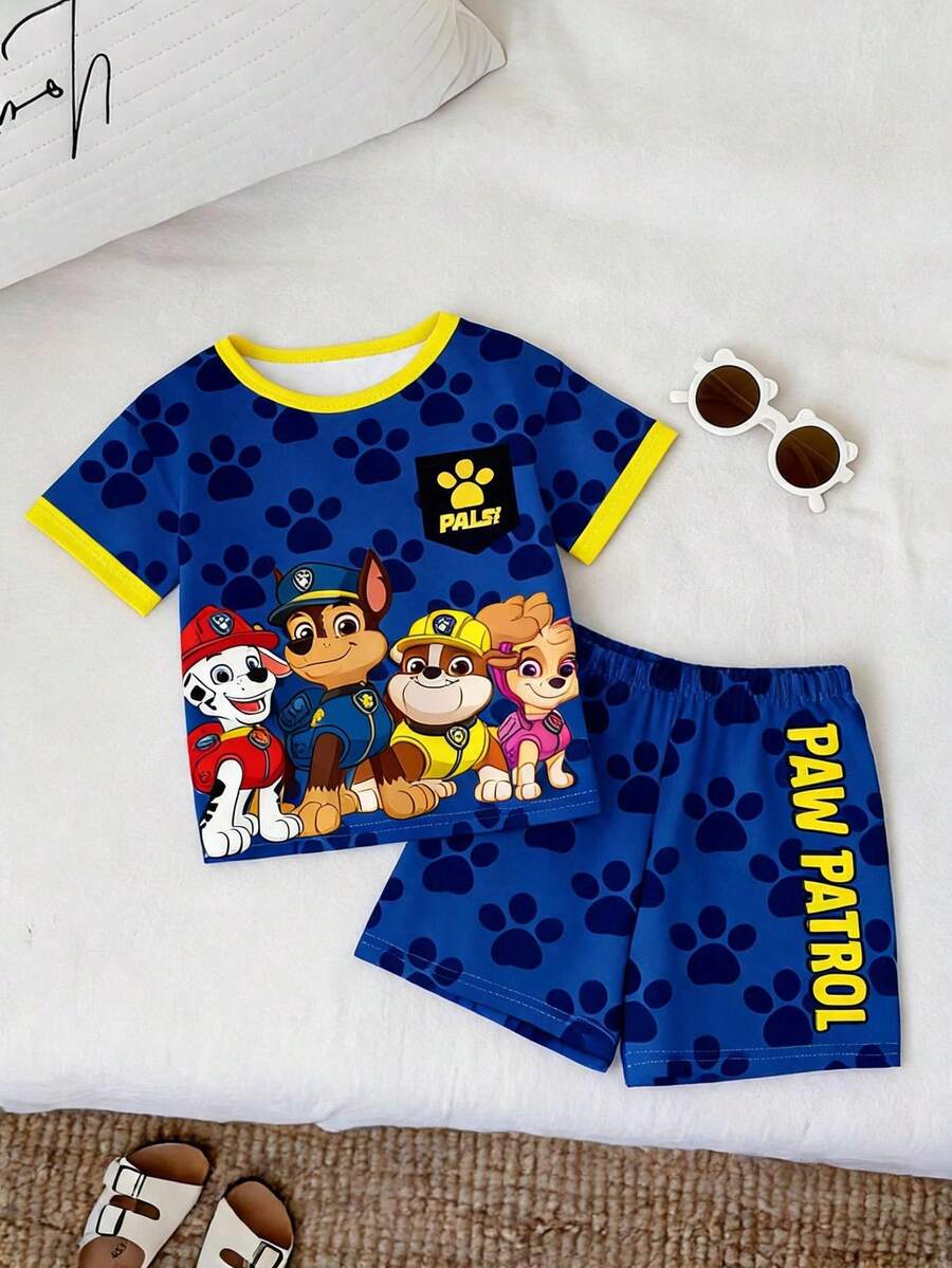 SHEIN | PAW Patrol 男嬰圓領卡通印花短袖上衣與短褲休閒日常居家睡衣套裝 - 彩色 - 查看 1