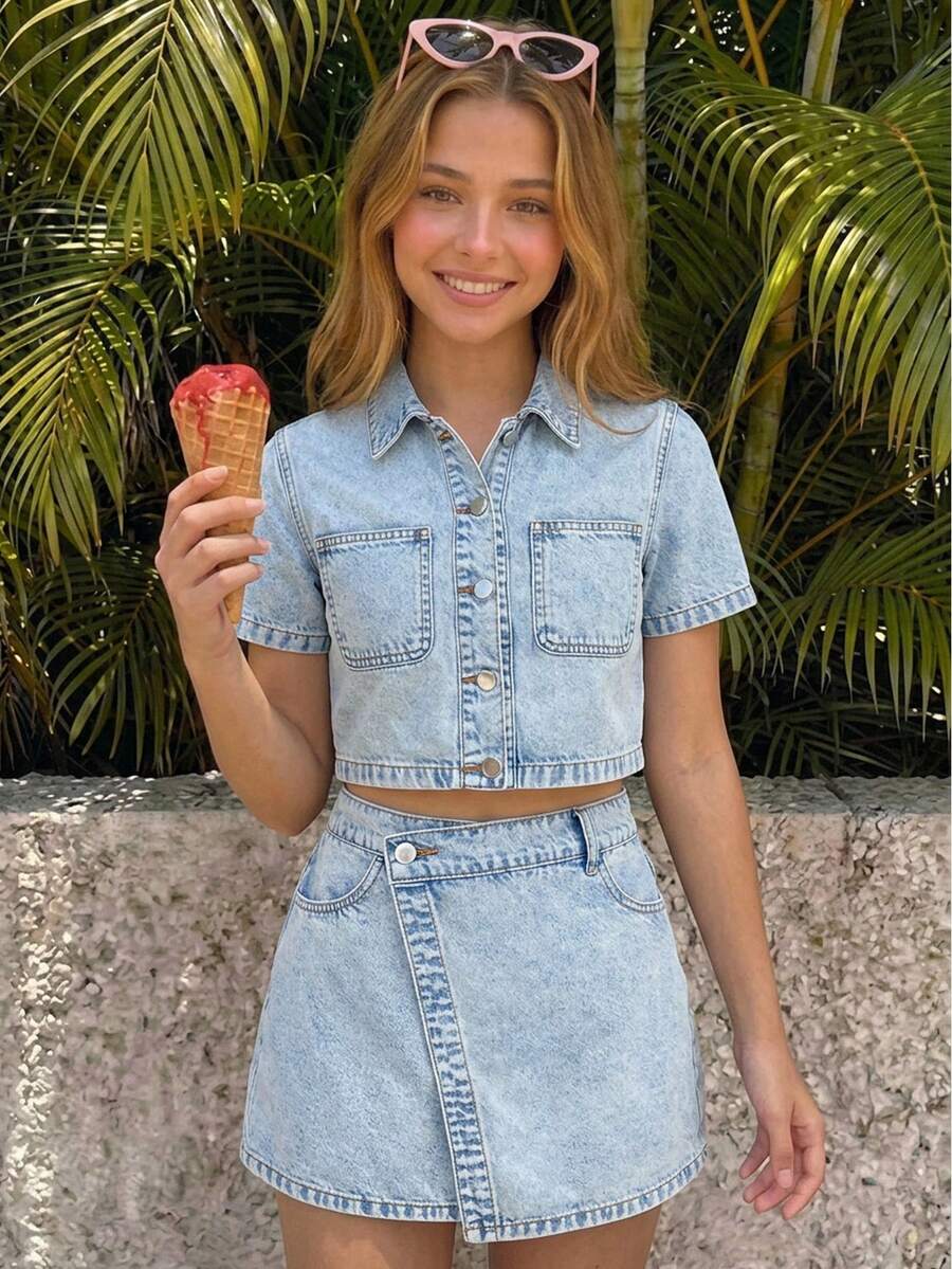 SHEIN 2Pcs Teen Girl Light Blue Denim Shorts Shirt And Slanted-Front Design Skirt For Dailywear Back-To-School Graduation Summer Streetwear - Blue - View 1