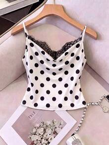 SHEIN PETITE Women's Summer Cowl Neck White And Black Polka Dot Print Camisole Tank Top, Versatile Lace Trim Top, Suitable For Commuting, Vacation, Elegant Sexy - White - View 1