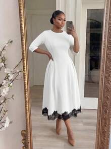 SHEIN Lady CURVE 大尺碼時尚蕾絲拼接百褶圓領洋裝 - 彩色 - 查看 6