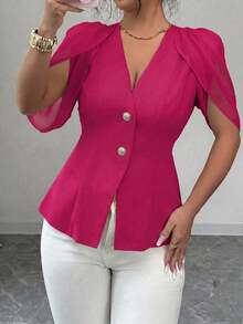 Elenzga Plus Size Women's Spring/Summer New Arrival Light Mature Commuter Style 70's Casual Elegant Pastel V-Neck Blouse Puff Sleeve Patchwork Slimming Top - Hot Pink - View 3