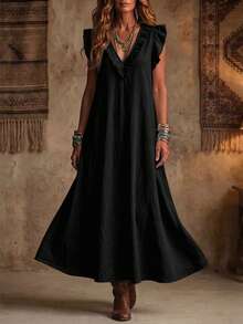Hotletica Women's Solid Color Ruffle Hem Premium Texture Linen Casual Dress - Black - View 3