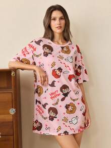 HARRY POTTER X SHEIN Women's Cartoon Print Round Neck Short Sleeve Nightgown - Pink - View 6