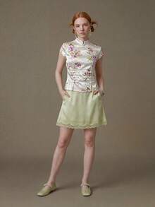 Elnivra Women's Sweet 60s 70s Elegant Satin Floral Print Glossy Top With Cap Sleeves Qipao Collar Drawstring Tie Frog Buttons Slit Hem Champagne - Apricot - View 4