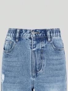SHEIN ChillGRL 女童牛仔褲，休閒學院風，休閒街頭風，女童校園拉鍊藍色牛仔褲，適合購物、戶外活動等多種場合 - 藍色 - 查看 7