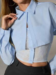 Nuvra Camisa de cuello polo con parche de encaje 2 en 1, ajuste slim, primavera/otoño - Celeste - Ver 4