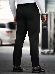 Manfinity CasualCool 1件成熟休閒男士長褲，黑色斜紋，通勤百搭，時尚舒適，男友禮物、丈夫禮物、週年紀念禮物 - 黑色 - 查看 2