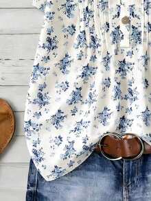 Franclia Plus Size Women Casual Safari Boho V-Neck Cap Sleeve Shirt With Ruffle Collar, Button Closure, Chest Stripe Design, White Summer Office Vacation - Blue and White - View 3
