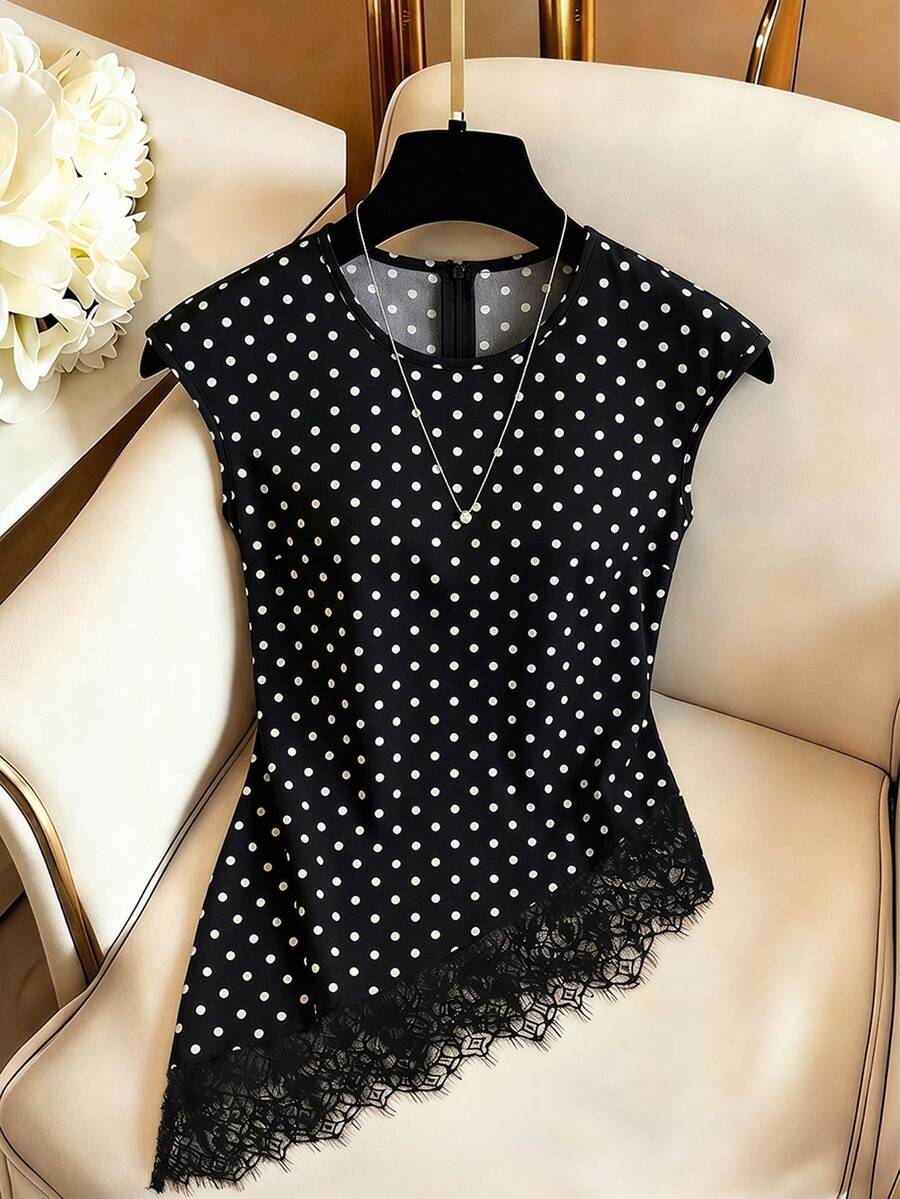 SHEIN Franclia 女款夏季圓點印花蕾絲飾邊不對稱下擺襯衫 - 黑與白 - 查看 1
