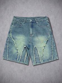 GALLERY FADE Pantalones cortos de mezclilla lavada vintage con patchwork y deshilachado hasta la rodilla para hombre - Azul lavado medio - Ver 4