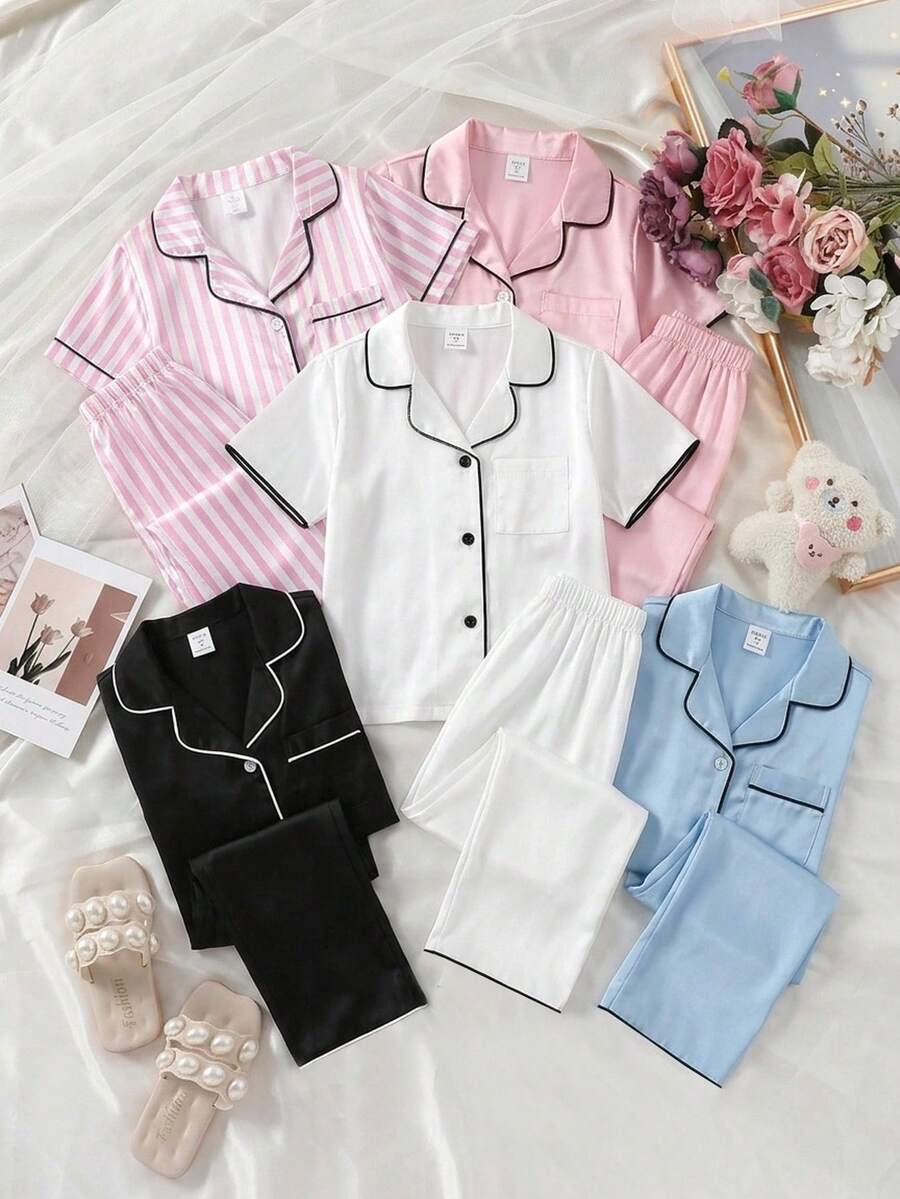 SHEIN 女童隨機款 10 件組 2 件套 針織素色舒適翻領簡約優雅休閒開襟針織外套與居家長褲套裝 - 白色 - 查看 1