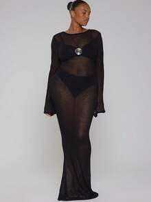 MUSERA Curve Black Mini Dress Back Tie Beach Cover Up - Black - View 5