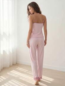 Liftille Lace Trim Camisole And Pants Women Pajama Set - Pink - View 2