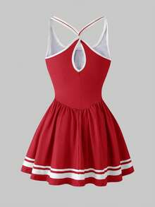 SHEIN Tween女孩休閒運動字母黑白拼接交叉背心運動洋裝 - 紅色 - 查看 3