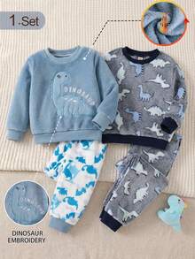 2pcs/Set Boys Dinosaur Embroidered Warm Soft Skin-Friendly Fleece Long Sleeve Long Pants Pajamas Lounge Wear Set - Dusty Blue - View 1