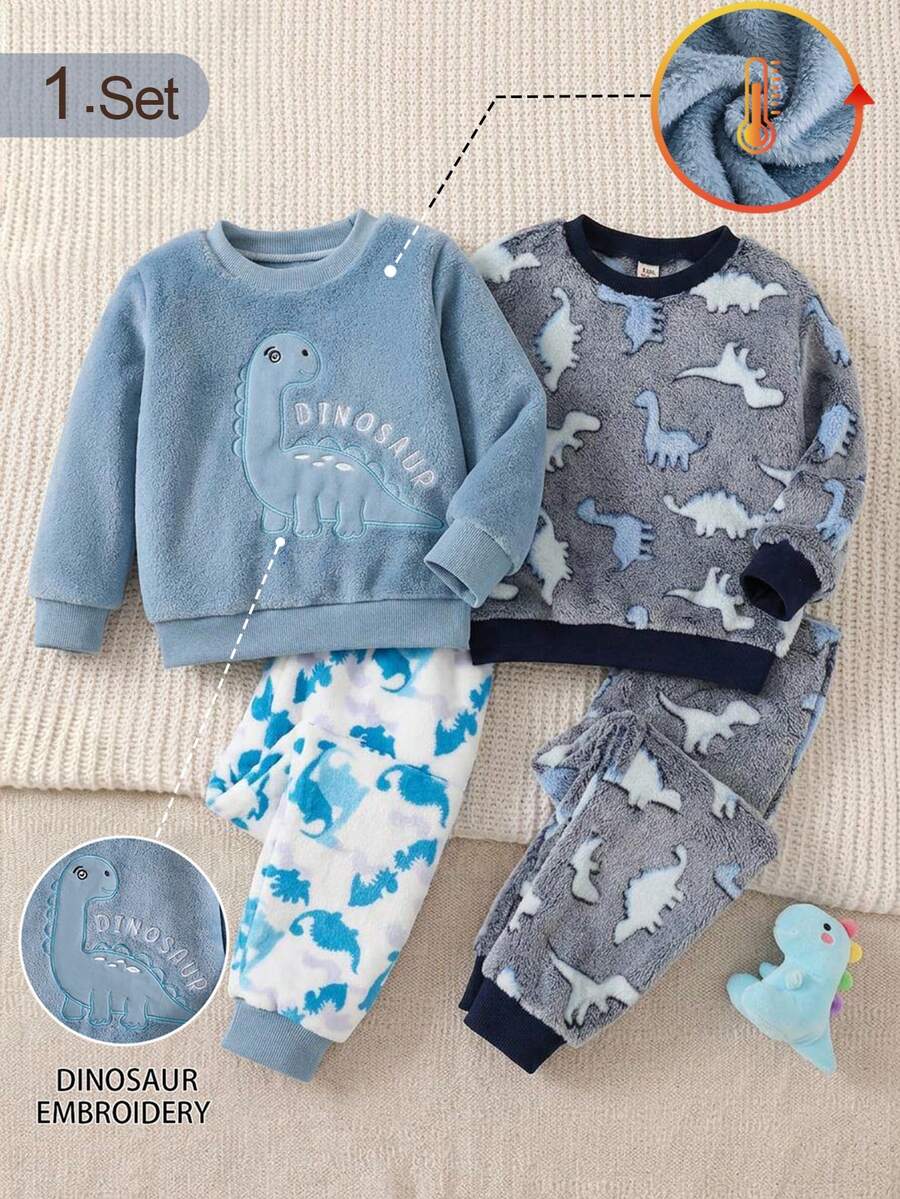 2pcs/Set Boys Dinosaur Embroidered Warm Soft Skin-Friendly Fleece Long Sleeve Long Pants Pajamas Lounge Wear Set - Dusty Blue - View 1