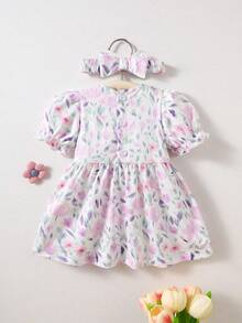 SHEIN Newborn Baby Pink Dress & Bow Headband Set, Cute Princess Style - Purple - View 4