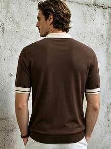 Manfinity Dauomo Atasan Rajut Kasual Lengan Pendek Bergaris Patchwork untuk Pria - Coffee Brown - View 5