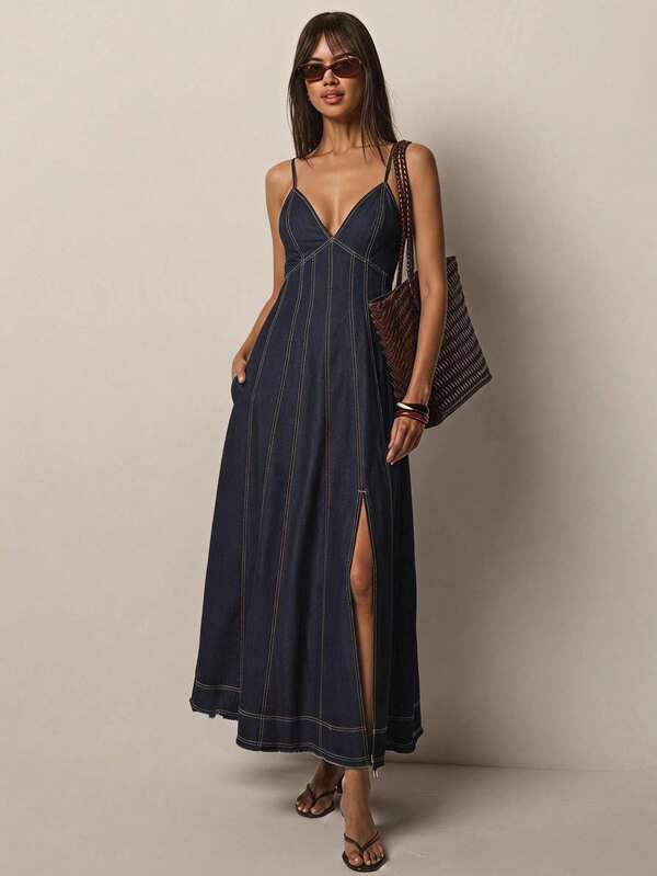 COSMINA Denim Women's Deep V-Neck Sexy Fashion Denim Strap Dress Suitable For Party Vacation Occasions Navy Blue Autumn