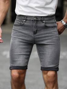 Manfinity Homme Men's Slim Fit Casual Denim Shorts With Pockets - Grey - View 3