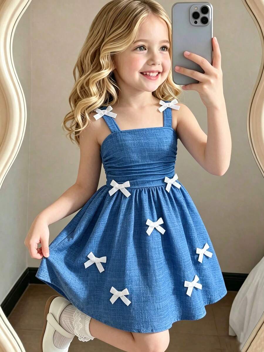 SHEIN Girls' Fashion Elegant Solid Color 3D Ribbon Bow Shoulder Pleated Spaghetti Strap Dress, Spring/Summer New Style For Outings, Parties And Evening Events - Blue - View 1
