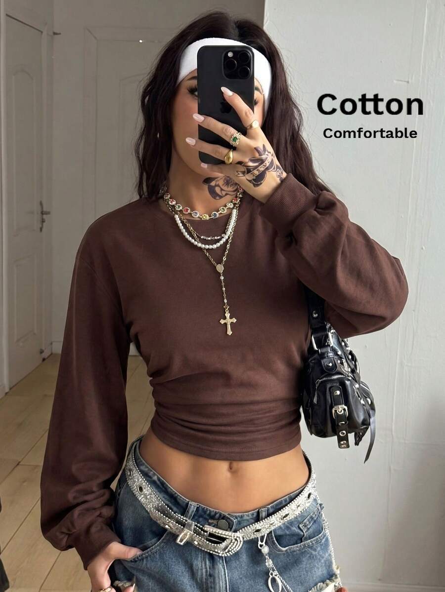 Coolane Women's Fall Back To School Basic Solid Color Pleated Asymmetrical Neck Long Sleeve Brown Sweatshirt - Coffee Brown - View 1