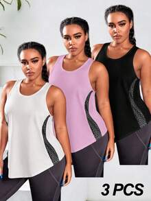 Rhythm Era 3pcs Plus Size Colorblock Print Sports Tank Top Set - Multicolor - View 1