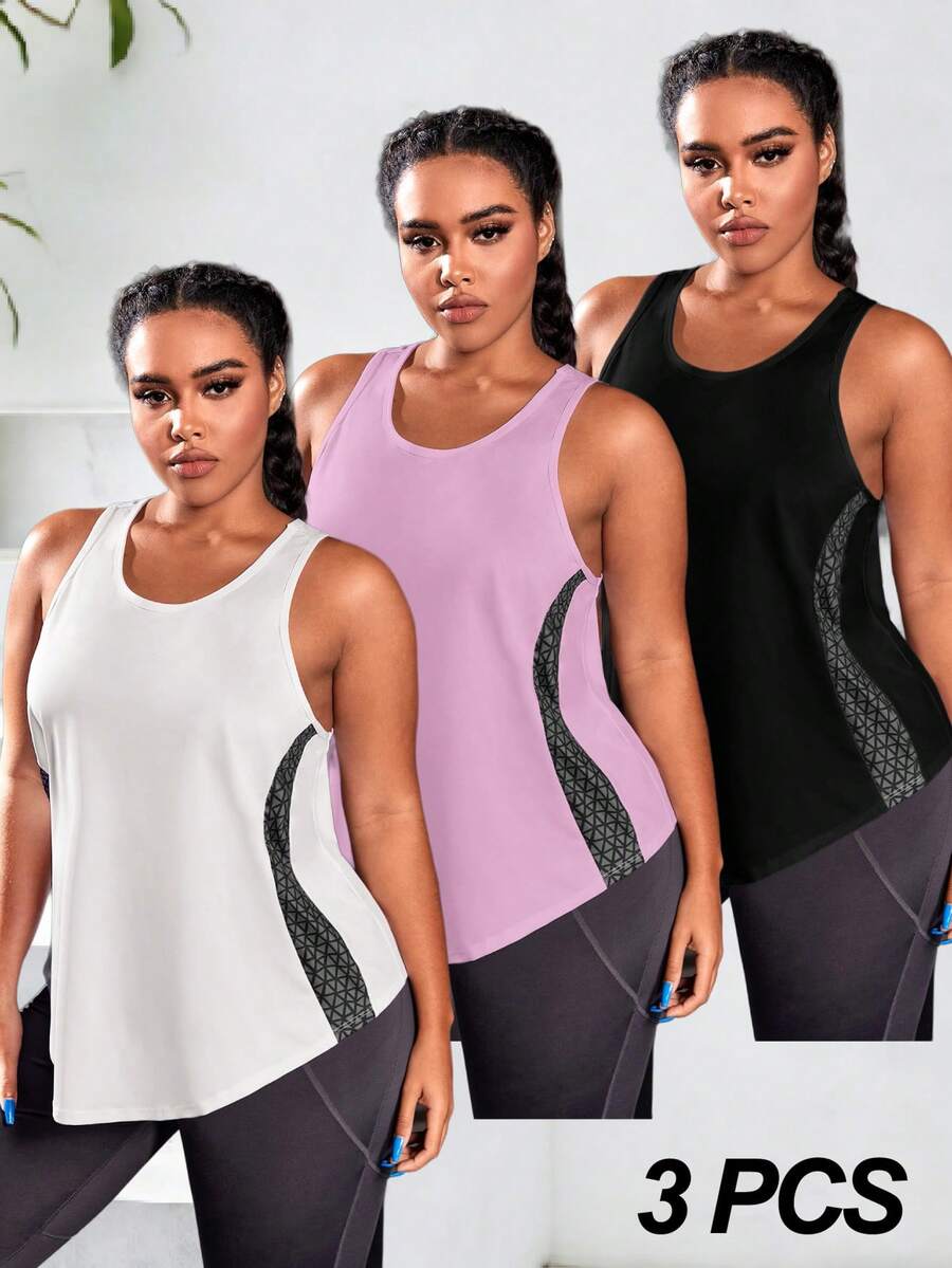 Rhythm Era 3pcs Plus Size Colorblock Print Sports Tank Top Set - Multicolor - View 1