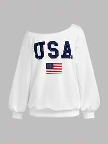 SHEIN Leap Crew Teen Girl Teen Girls Sweatshirts Autumn/Winter New Slogan Print Off-Shoulder Casual College Style Long Sleeve Pullover, Long Sleeve Top, Graduation Season, Back To School - White - View 7