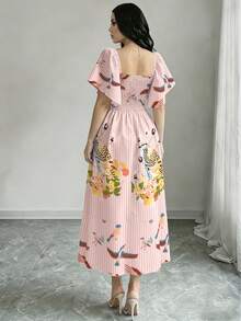 Modelyn 女款優雅波西米亞熱帶植物與鸚鵡印花長洋裝，時尚方領大喇叭袖下擺荷葉邊粉色花卉長裙 - 彩色 - 查看 2
