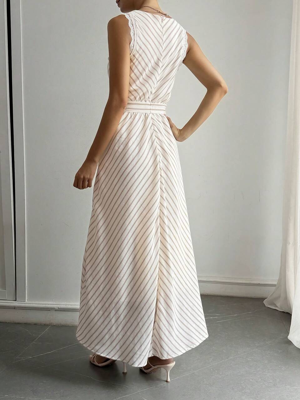 V-Neck Sleeveless White Diagonal Stripe Lace Trim Cinched Waist Full Skirt Midi Dress For Women Brunch Tea Party Summer French Elegant
