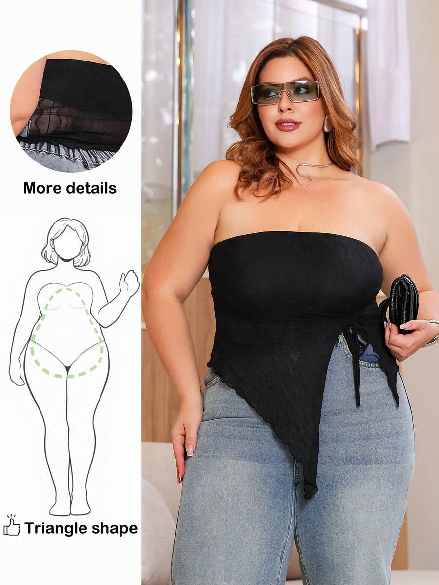 Wellenrocha New Spring/Summer Plus Size Women Apricot Asymmetric Drawstring Tie Camisole Tank Top, Wavy Texture Bandeau Crop Top, Sexy Cami, Y2K Style Black - Black - View 1