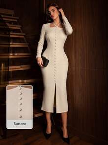 Modelyn 女款優雅通勤長袖鈕扣收腰墊肩拉鍊開衩中長洋裝 - 卡其色 - 查看 3